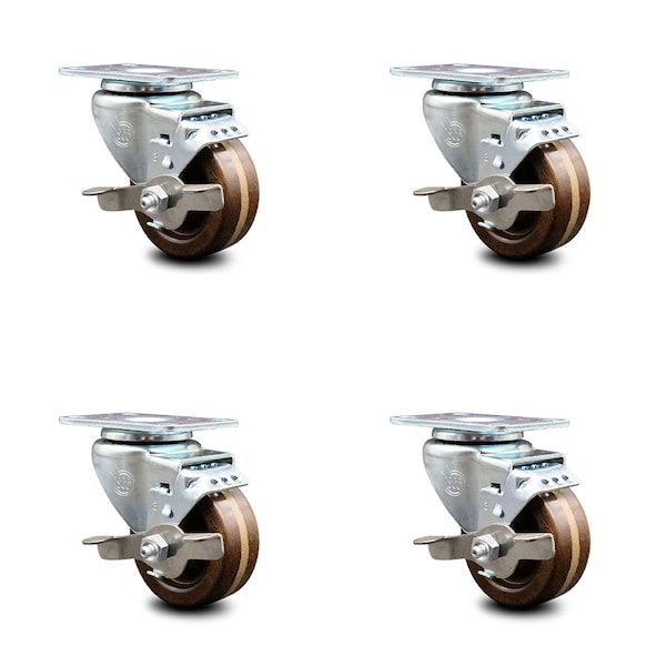 3 Inch High Temp Phenolic Wheel Swivel Top Plate Caster Set with Brake SCC